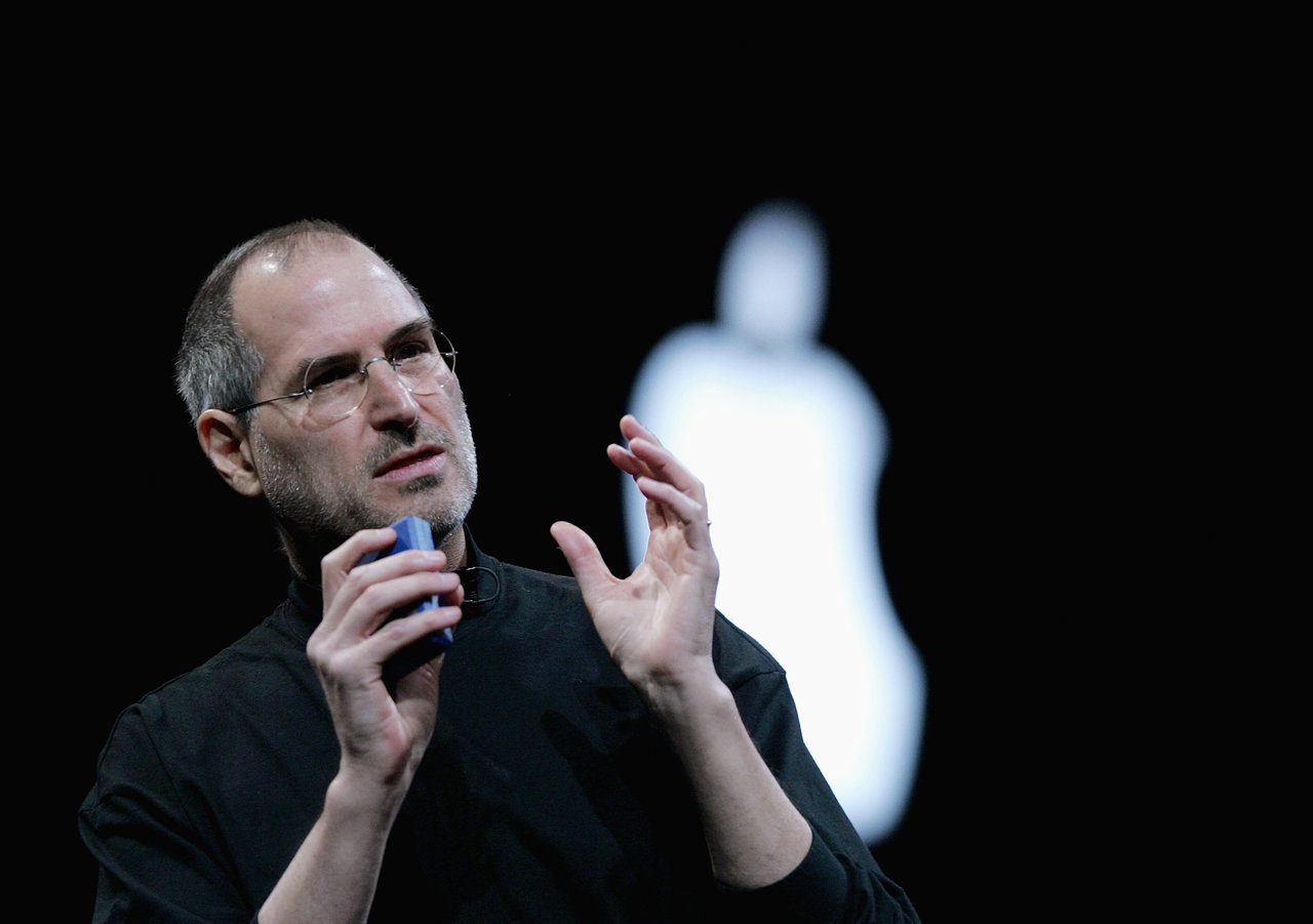 SAN FRANCISCO - JANUARY 11:  Apple CEO Steve Jobs delivers a keynote address at the 2005 Macworld Expo January 11, 2005 in San Francisco, California. Jobs announced several new products including the new Mac Mini personal computer starting at $499 and the iPod shuffle MP3 player for $99. (Photo by Justin Sullivan/Getty Images)